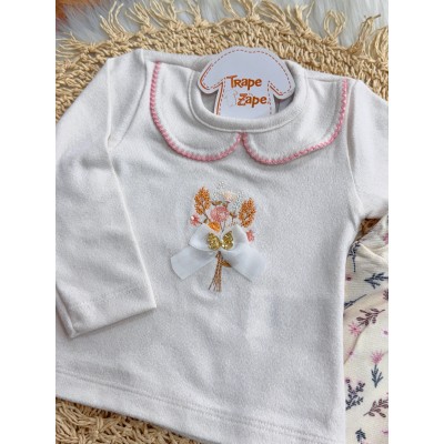 Conj. Blusa em Plush Manga Longa  Florzinhas e Calça - Rosa